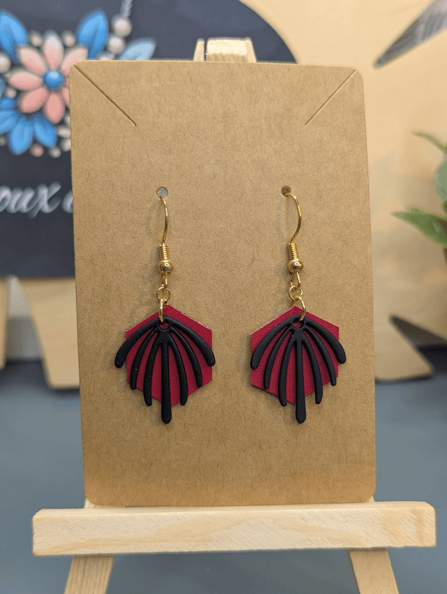 Petites boucle d'oreilles pendante  en cuir et tissus enduit avec un pendentif noir. 