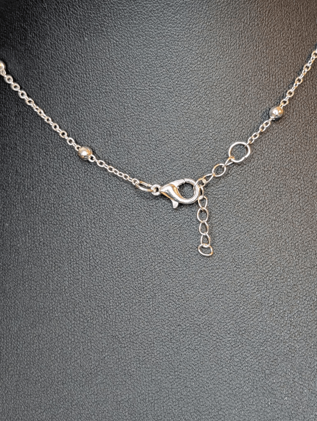 Collier mi long avec une chaine de couleur argent et un pendentif en résine noire avec des fleurs séchés. 