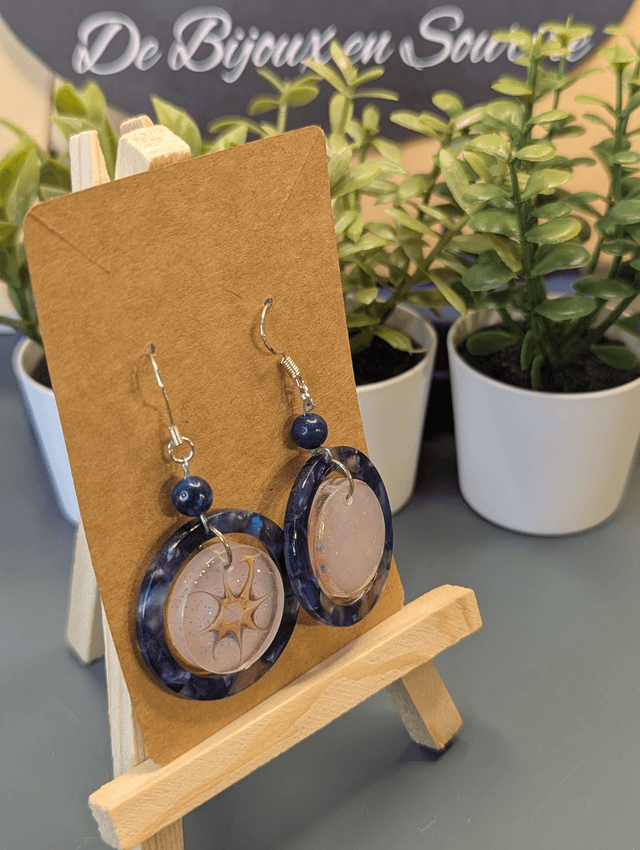 Boucles d'oreilles avec 2 pendentifs ronds, des perles naturelles et un fermoir couleur argent. 