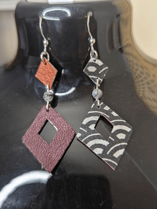 Boucles d'oreilles double face avec du cuir, du tissu enduit, et des pierres de labradorite noires, le fermoir est en plaqué argent 925. 