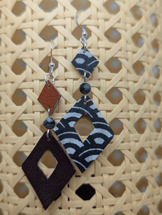 Boucles d'oreilles double face avec du cuir, du tissu enduit, et des pierres de labradorite noires, le fermoir est en plaqué argent 925. 