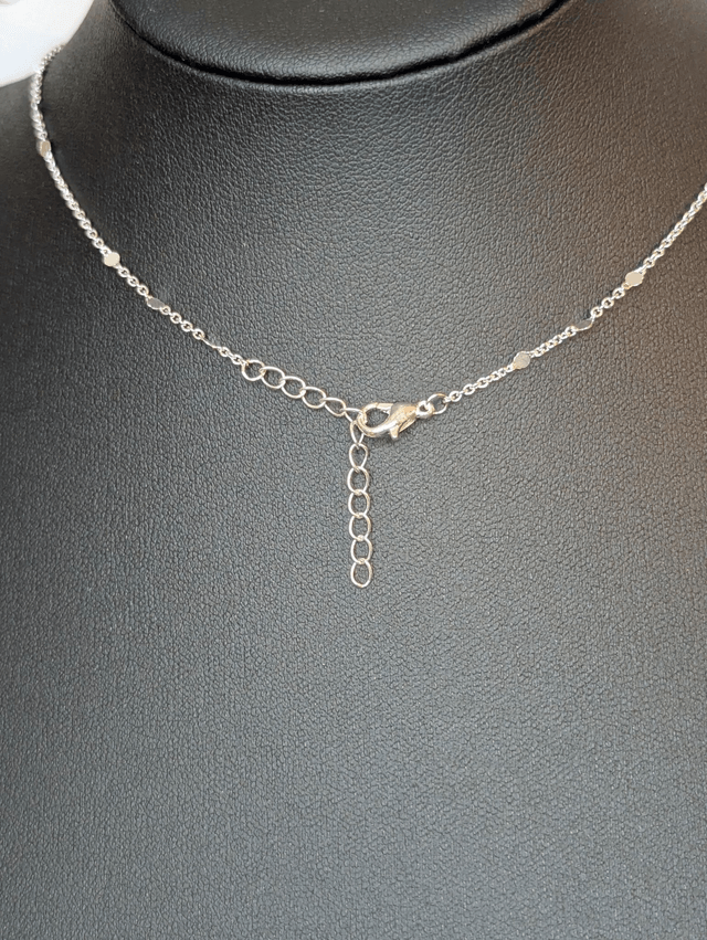 Collier mi long avec une chaine de couleur argent et un pendentif en résine avec des fleurs séchés rouge et rose. 