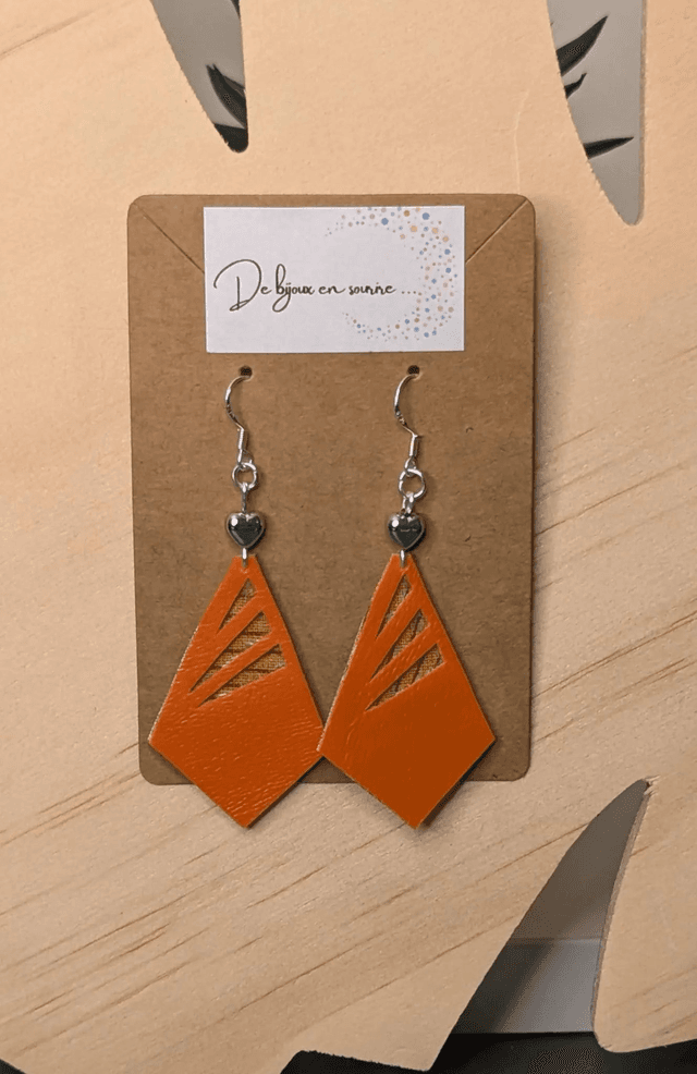 Boucles d&#039;oreilles en similicuir et du tissus enduit, des perles métalliques de forme géométrique, le fermoir est en argent. 
