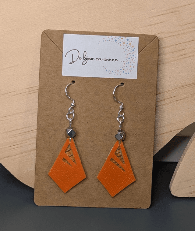 Boucles d&#039;oreilles petites en similicuir et tissus enduit, des perles métalliques de forme géométrique, le fermoir est en argent. 